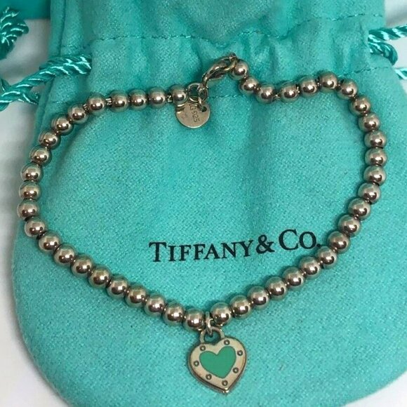 Tiffany & Co Silver Return LOVE Blue Enamel Mini Heart Tag Bead Ball Bracelet 7"